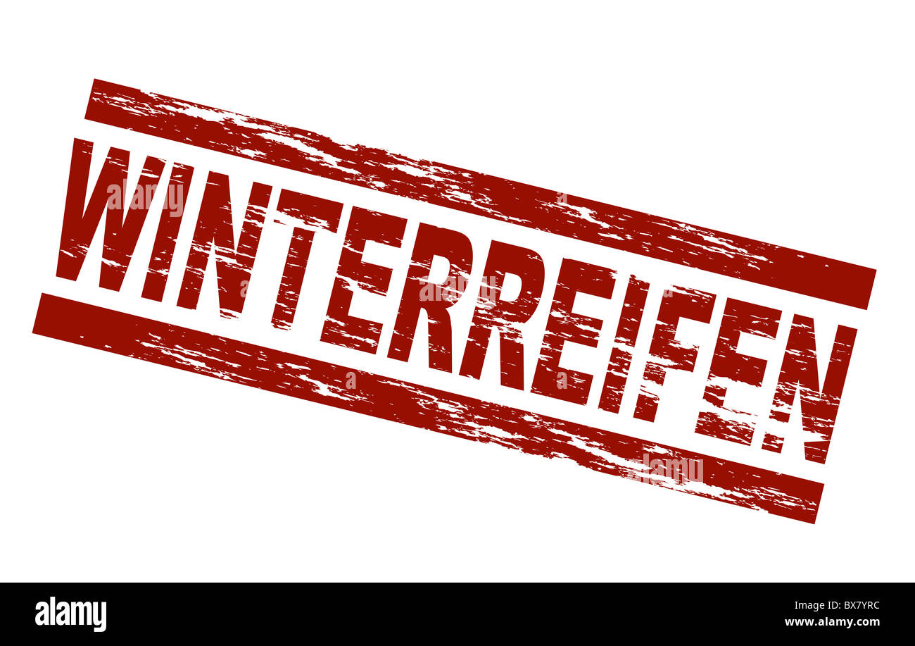 Stilizzata francobollo rosso mostra il termine tedesco Winterreifen. Traduzione inglese: pneumatici invernali. Tutto su sfondo bianco. Foto Stock