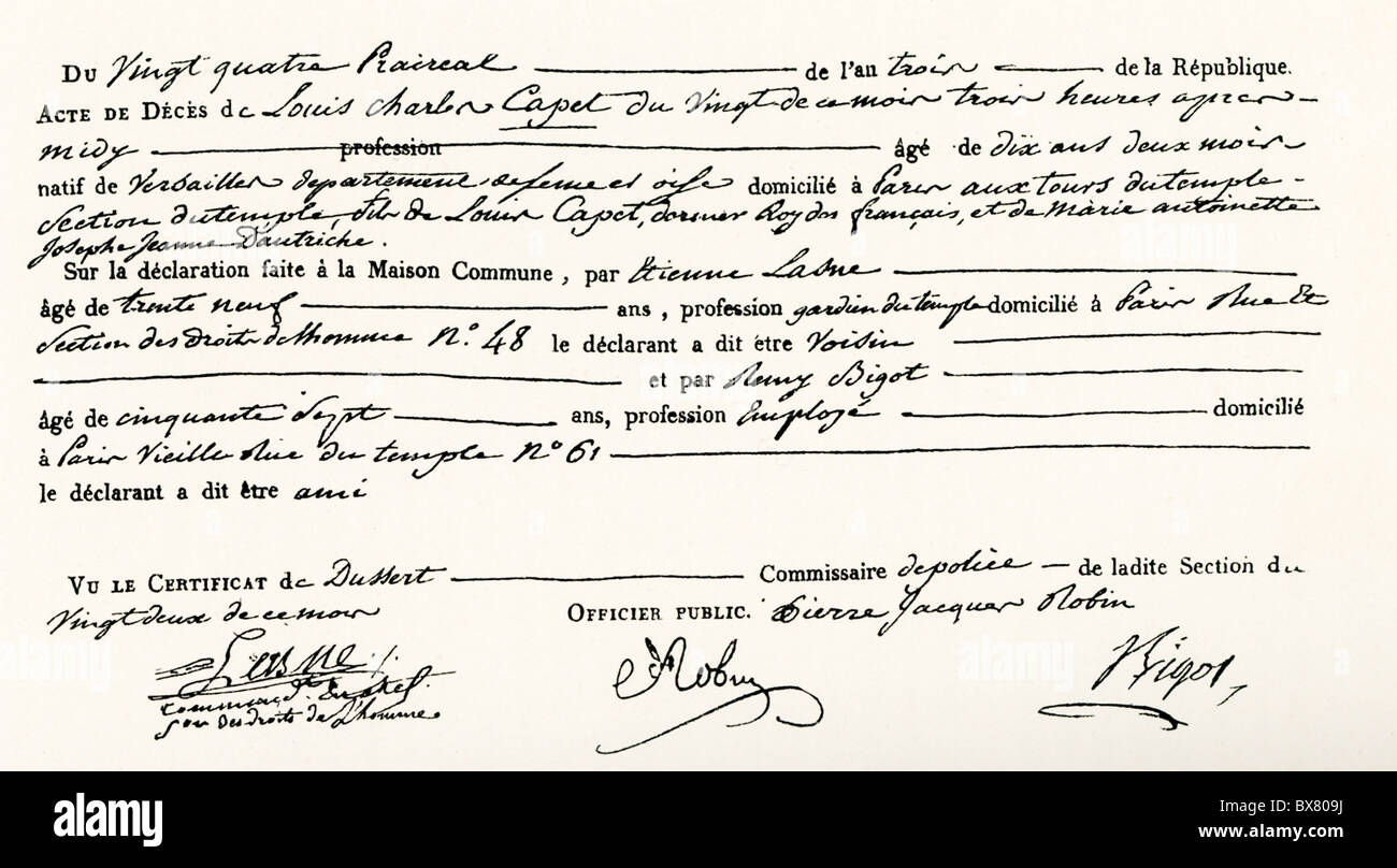 Questo certificato di morte del delfino (Louis XVII) è datata prairial un III (12 giugno 1795) e stati che morì il 8 giugno. Foto Stock