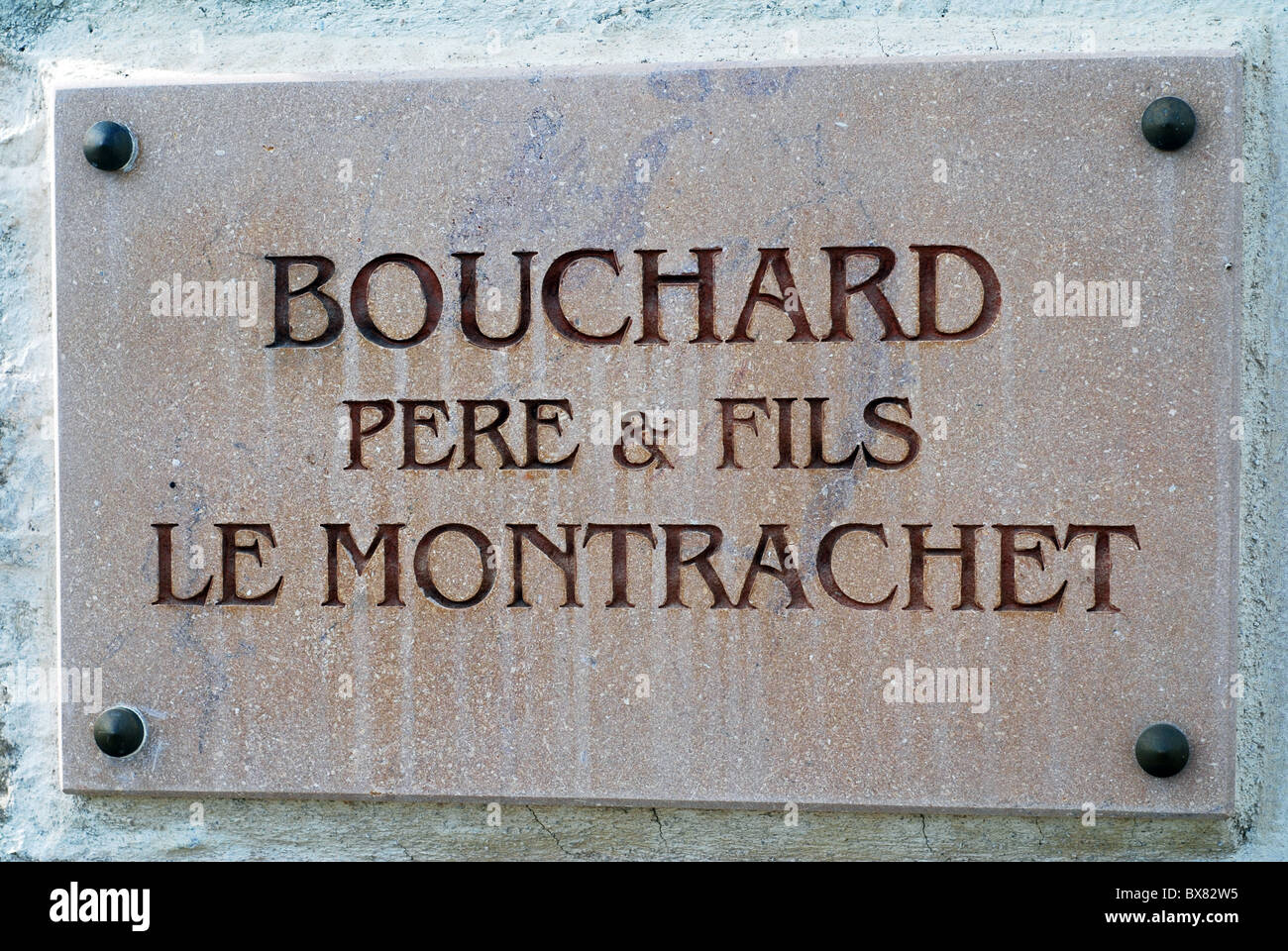 Domaine Bouchard Pere et Fils cartello fuori Le Montrachet vigna Côte de Beaune, Borgogna, Francia Foto Stock