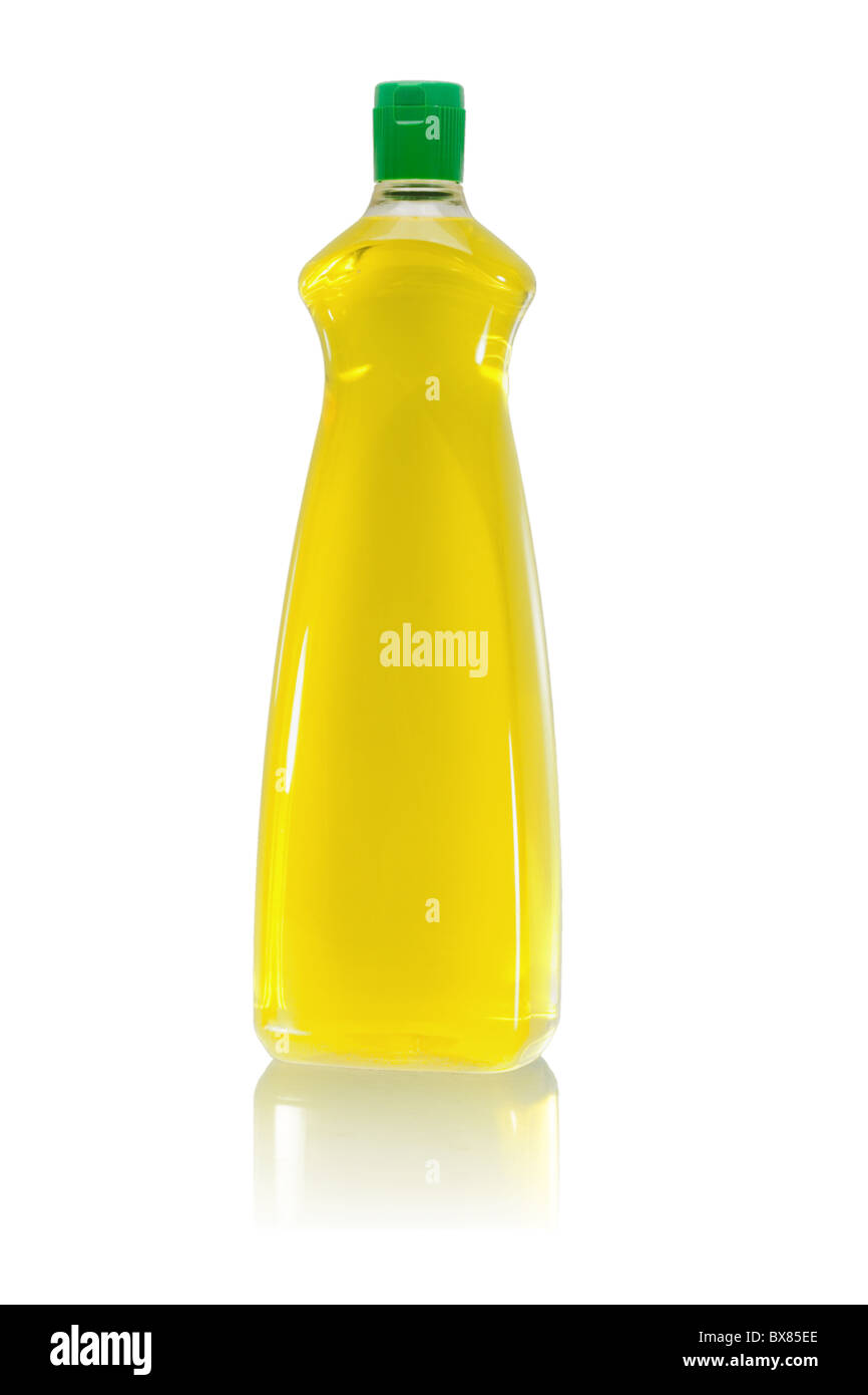 Bottiglia di plastica di detersivo liquido per stoviglie su sfondo bianco Foto Stock