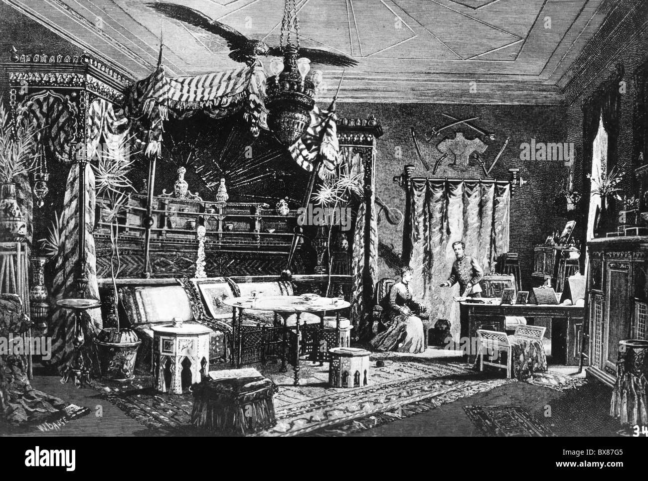 Rudolf, 21.8.1858 - 30.1.1889, Principe ereditario di Austria-Ungheria, con moglie la Principessa Stephanie nel suo studio, Hofburg, Vienna, incisione in legno, circa 1885, Foto Stock