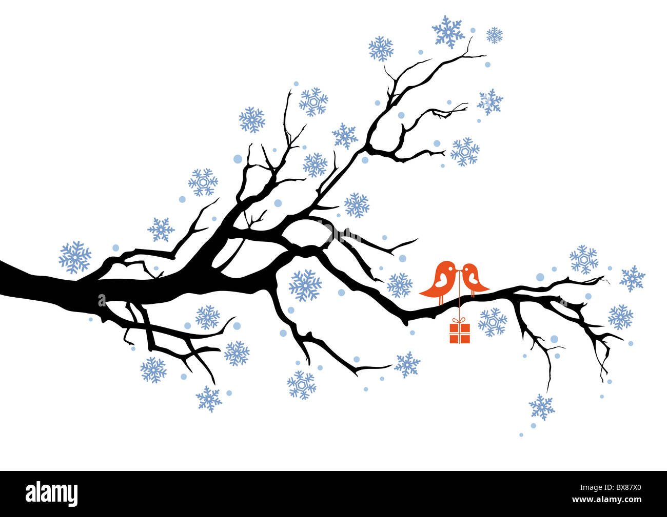 Gli uccelli con scatola regalo, seduto su un albero di inverno, sfondo vettoriale Foto Stock