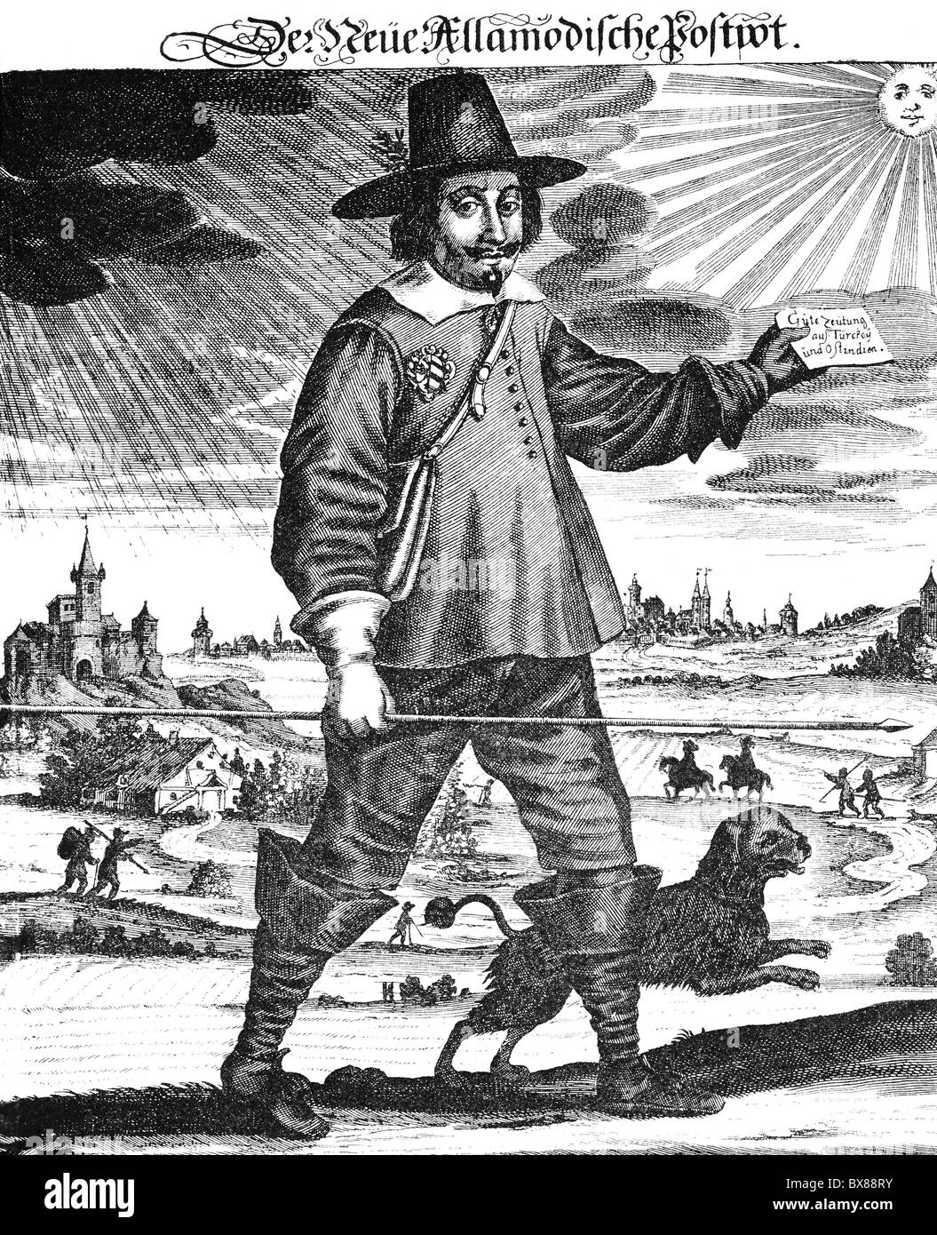 Mail / post, portalettere, portalettere della città imperiale di Norimberga, incisione su rame, secolo XVII, giornale, sun, cane, corriere, Germania, paesaggio, Franconia, storico, storico, persone, artista del diritto d'autore non deve essere cancellata Foto Stock