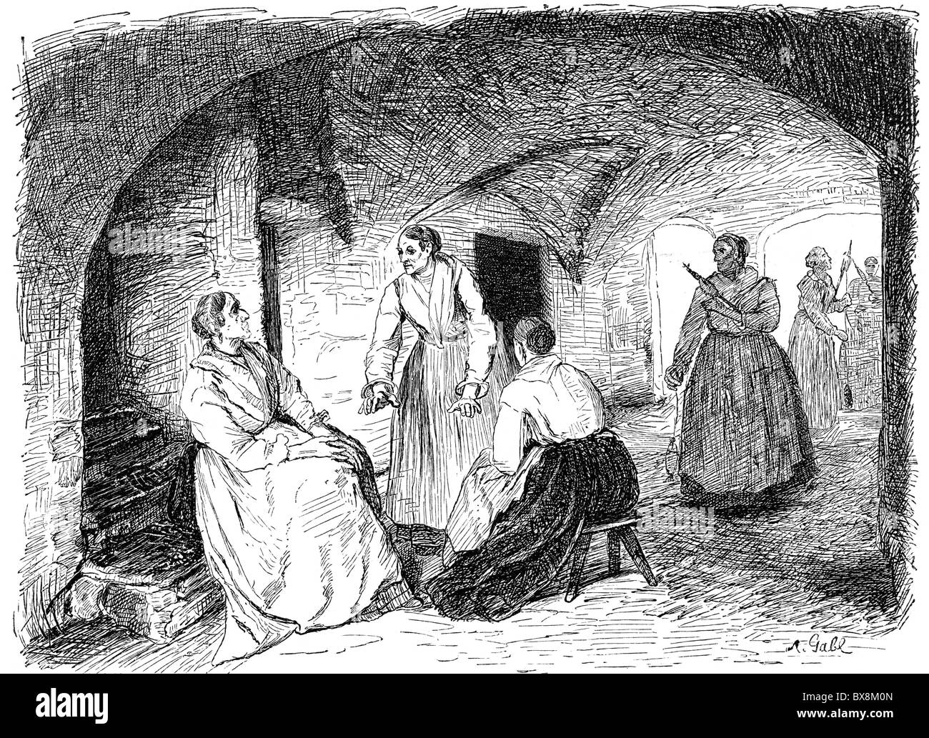 Geografia / viaggio, Italia, persone, donne nel vestibolo di una stalla narrativa e filatura, Val Redena, Trento, incisione in legno dopo disegno di jannotta, fine Ottocento, Trentino, Austria-Ungheria, Impero austro-ungarico, Austro - Ungherese, Sud Europa, storico, storico, diritti aggiuntivi-clearences-non disponibili Foto Stock