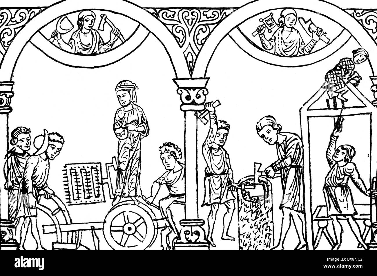 Persone, professioni, smith, miniatura, Rein Libro di campioni, 13 ° secolo, martello, artigianato, artigiano, artigiani, contadino, aratro, erpice, agricoltura, Medioevo, Germania, Austria, storico, storico, libro-pittura, libro pittura, manoscritto illuminato, medievale, Additional-Rights-Clearences-non disponibile Foto Stock