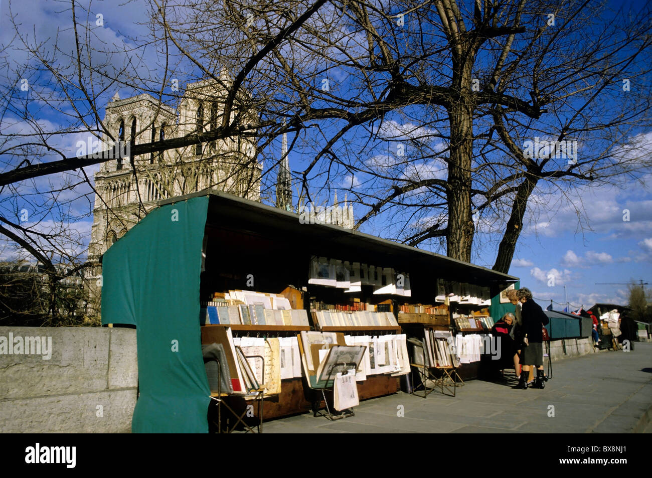 Parigi riva sinistra : libri sul display un libro in stallo di fronte alla cattedrale di Notre Dame de Paris, Paris, Francia. Foto Stock