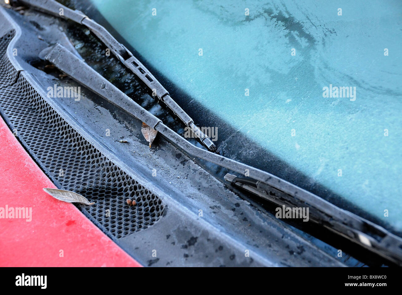 Congelati parabrezza auto e spazzole tergicristallo Foto Stock