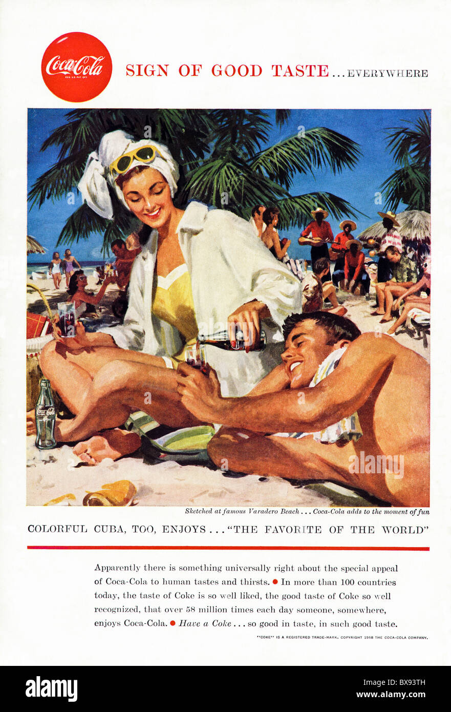 Classic Coca Cola spot a colori con illustrazione della spiaggia di Varadero Cuba nella rivista americana circa 1958 Foto Stock