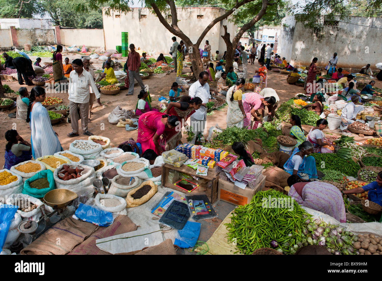 Indian strada del mercato per la vendita di frutta e verdura e prodotti essiccati. Andhra Pradesh, India Foto Stock