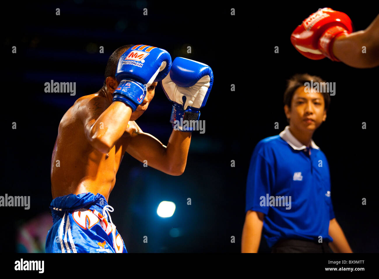 Muay Thai fighter sollevando i guantoni fino in un atteggiamento custodito con arbitro guardando Foto Stock