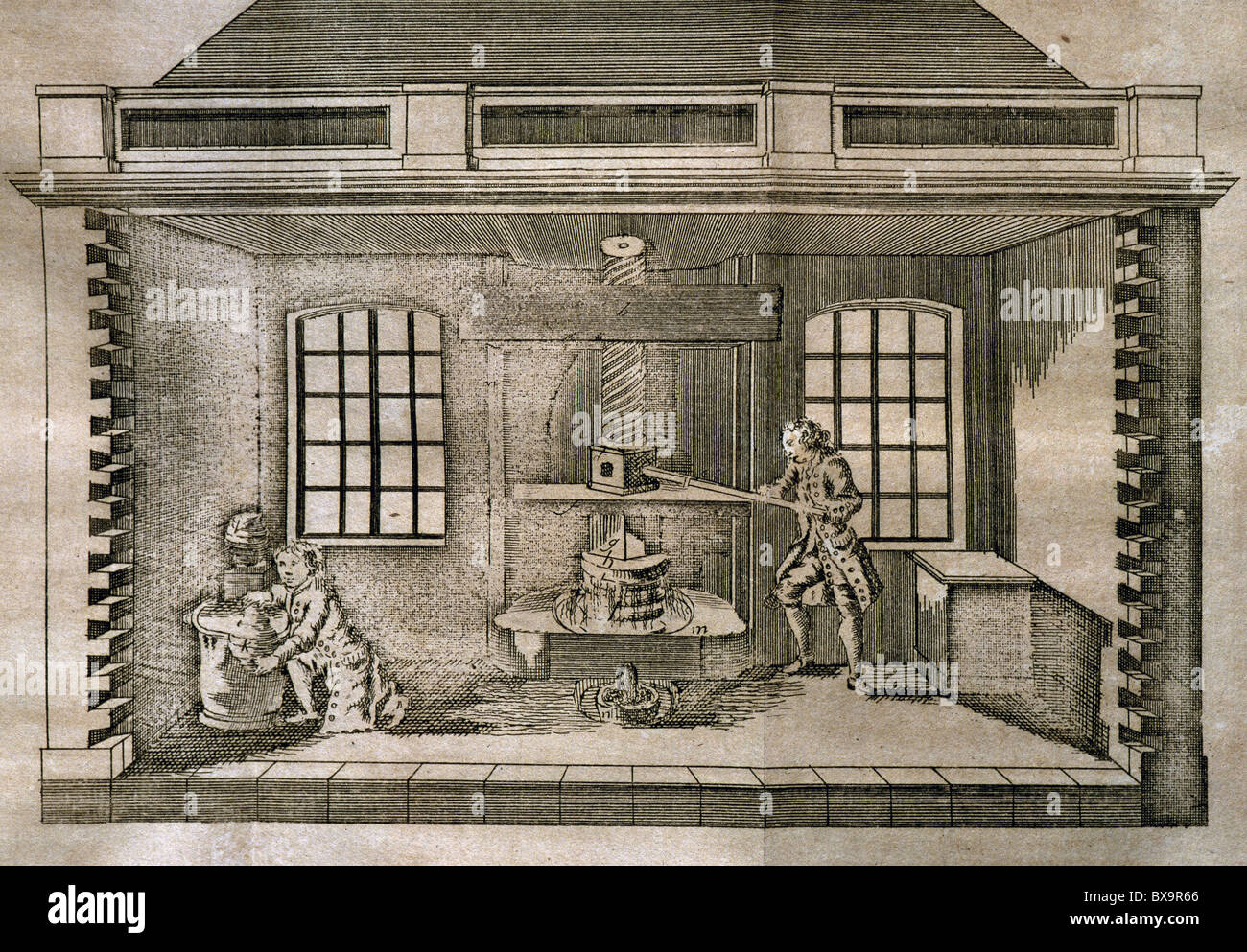 Pressa di olio. Del XVIII secolo incisione. Foto Stock