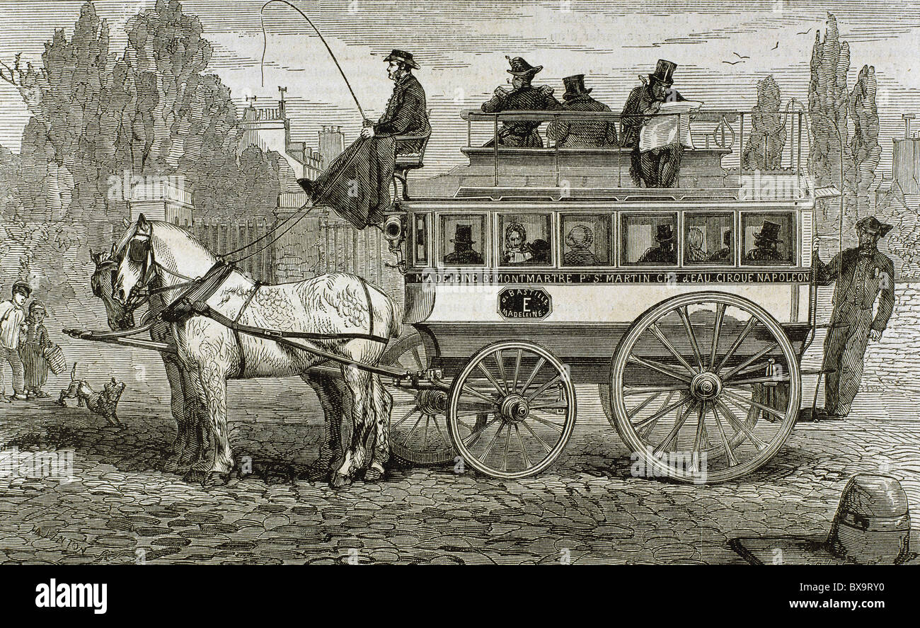 A cavallo il omnibus. Incisione di H. Linton in "L'Univers Illustré" (1862). Foto Stock