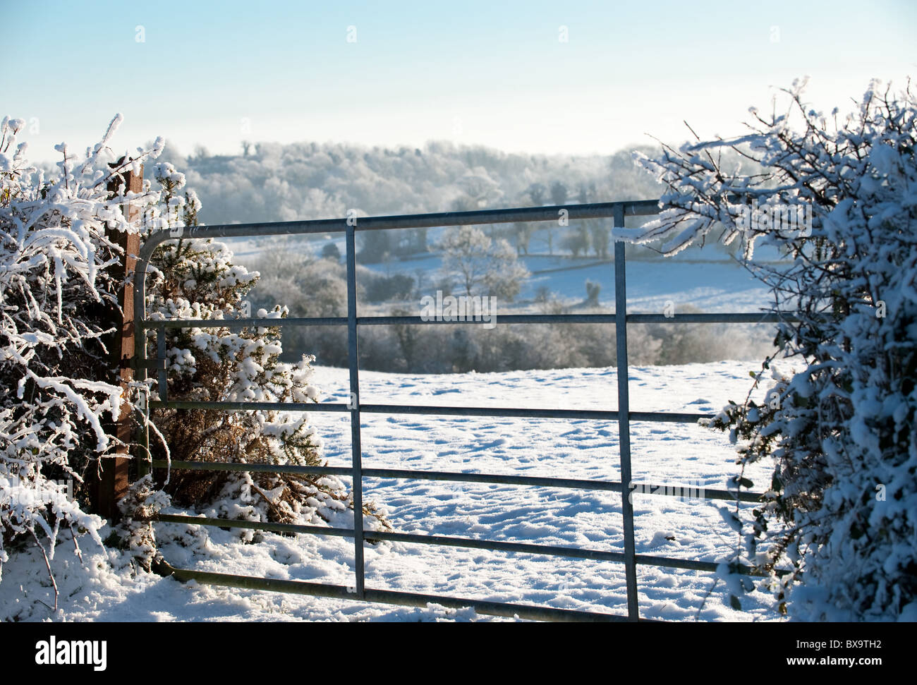 Il vecchio terreno coltivabile cancello su un soleggiato inverni giorno Foto Stock