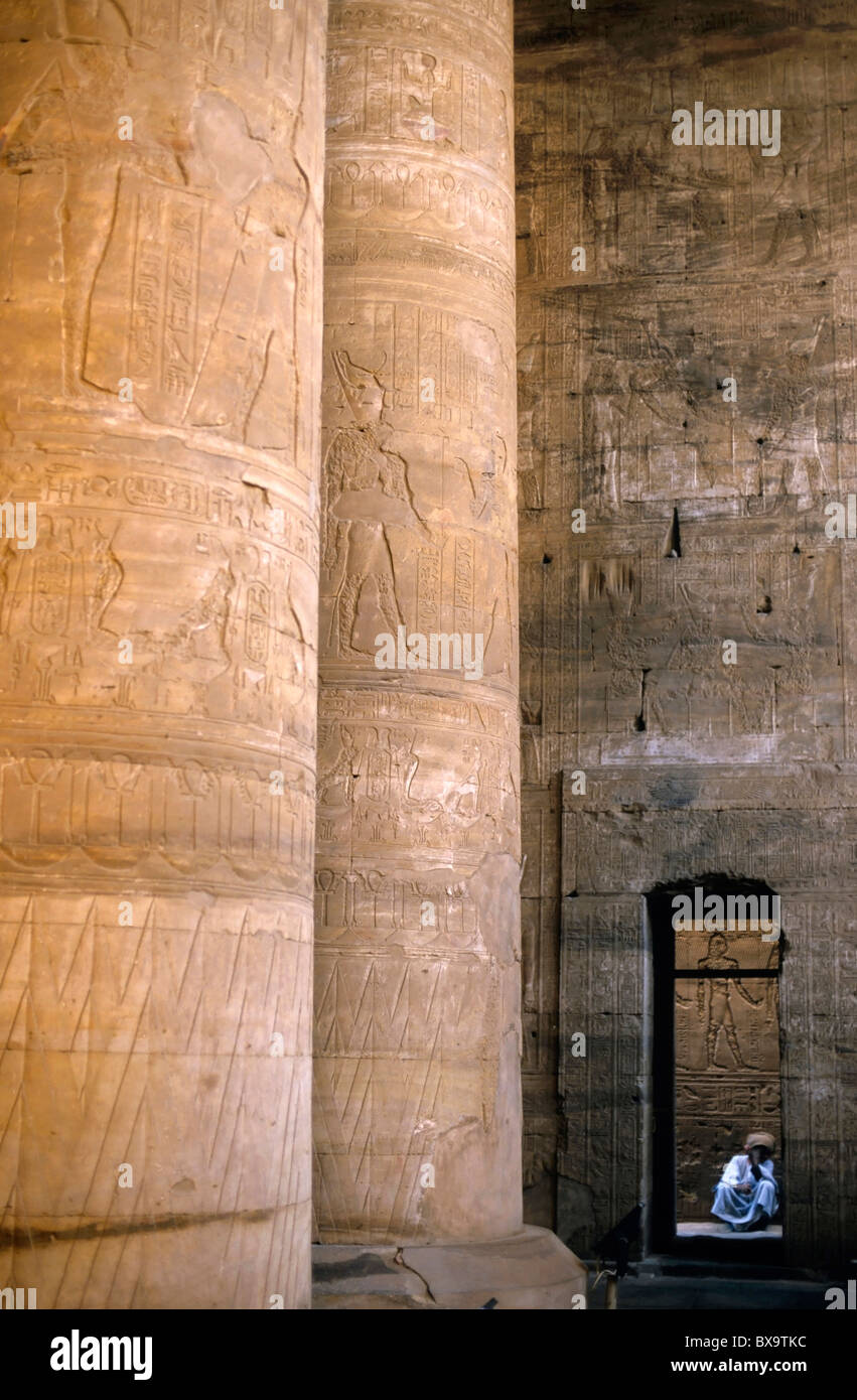 Colonne con geroglifici raffigurato Horus presso il Tempio di Edfu, Edfu, Egitto. Foto Stock