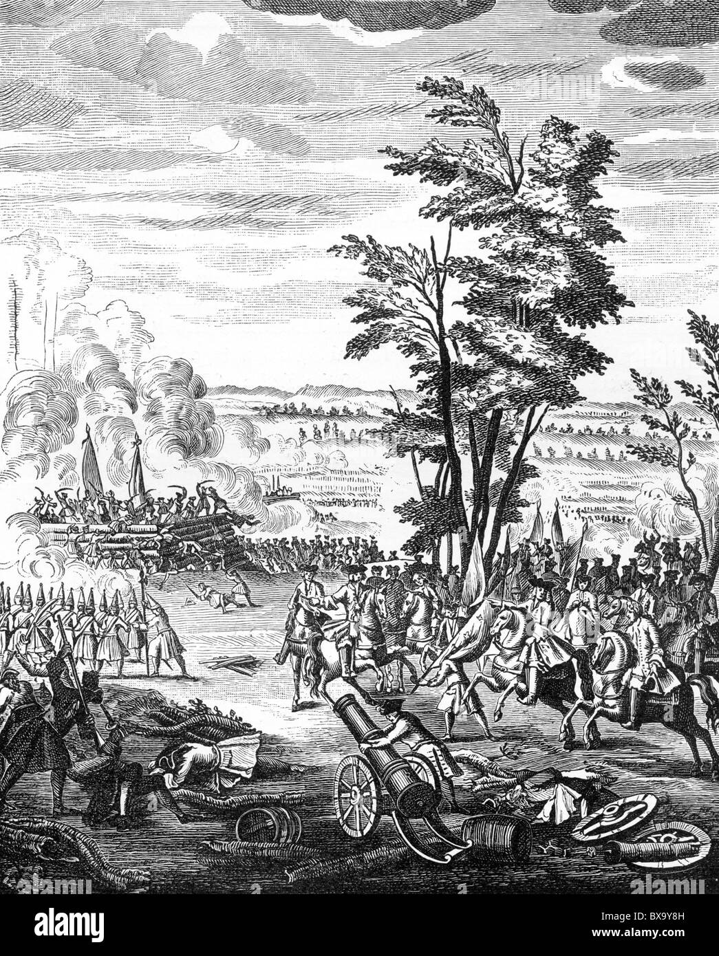 La battaglia di Malplaquet, 1709; la Guerra di Successione Spagnola; Bianco e Nero illustrazione; Foto Stock