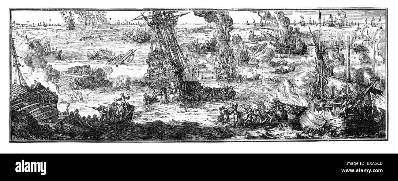 Battaglia di La Hogue; la distruzione finale della flotta francese al termine di sei giorni di combattimenti; Bianco e Nero illustrazione; Foto Stock
