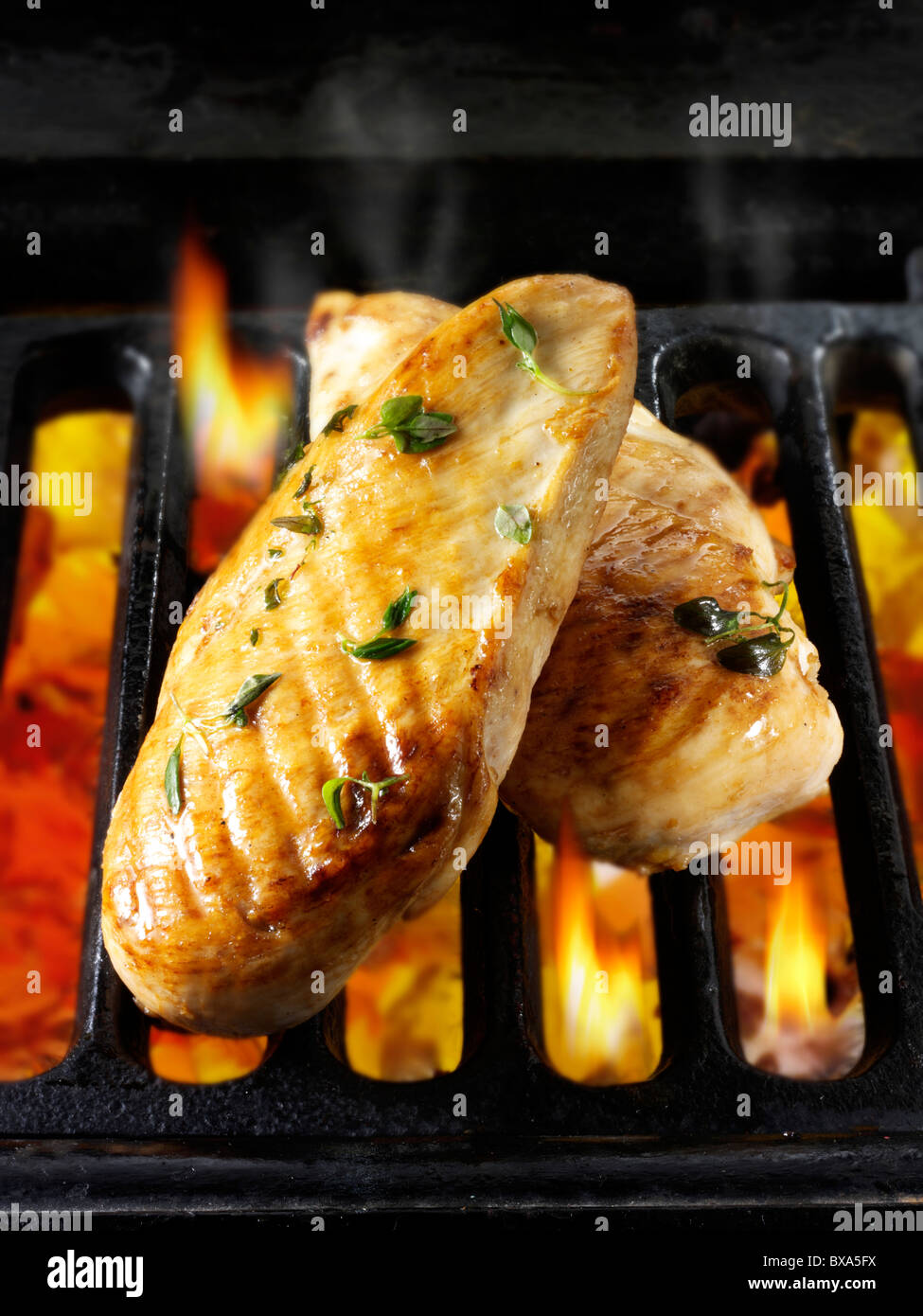 Filetti di pollo cottura su un barbecue. Cibo foto, foto e immagini. Foto Stock