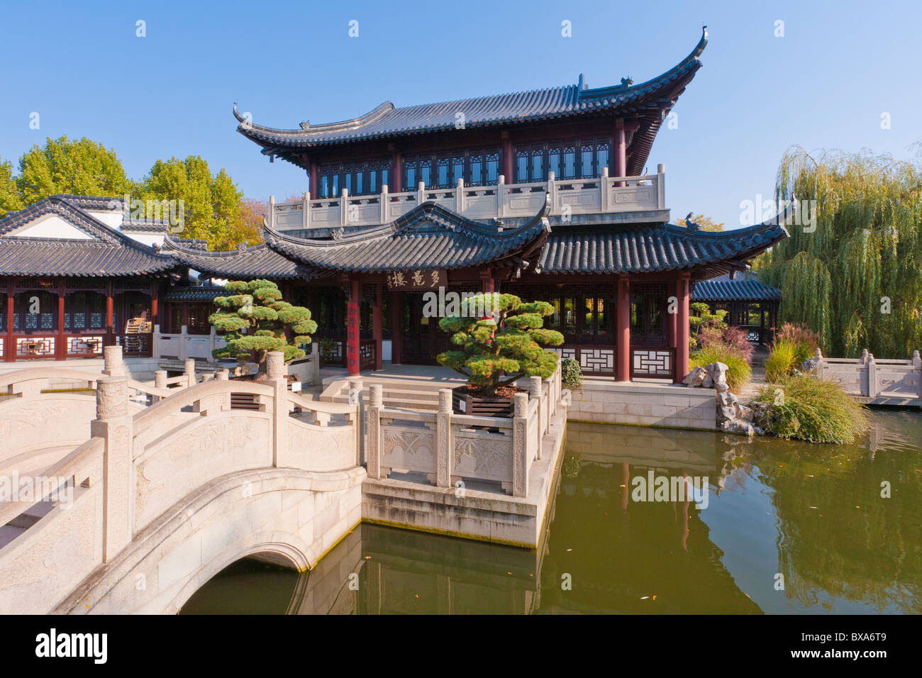 TEAHOUSE, giardino cinese, LUISENPARK, Mannheim, BADEN-WUERTTEMBERG, Germania Foto Stock