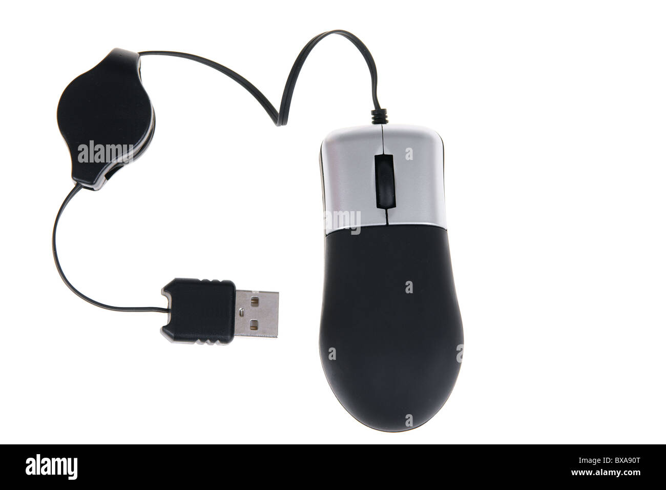 Mobile nero mouse del computer isolati su sfondo bianco Foto Stock