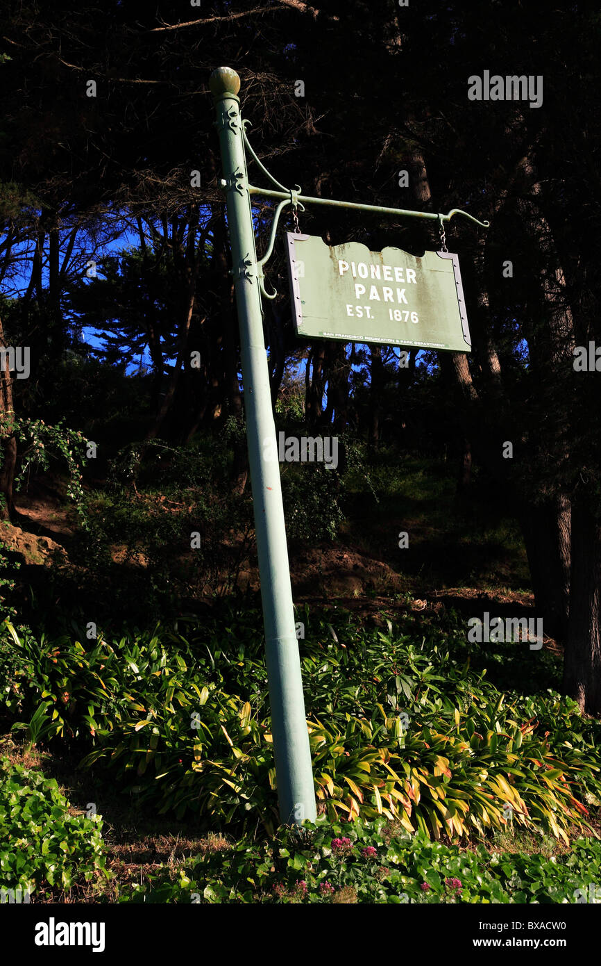 Segno per Pioneer Park di San Francisco in California Foto Stock