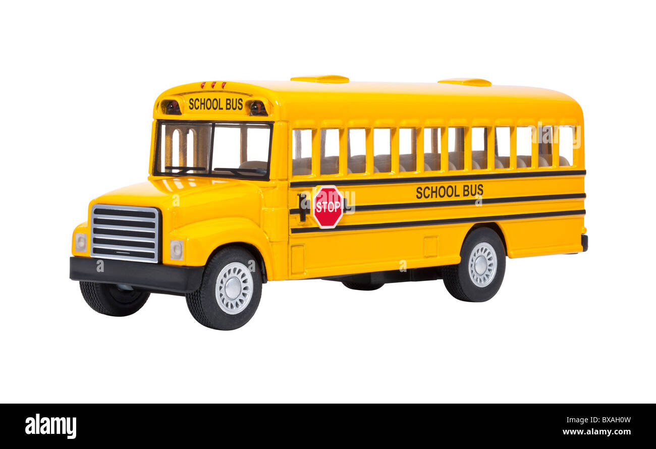Toy scuola bus isolata su uno sfondo bianco Foto Stock