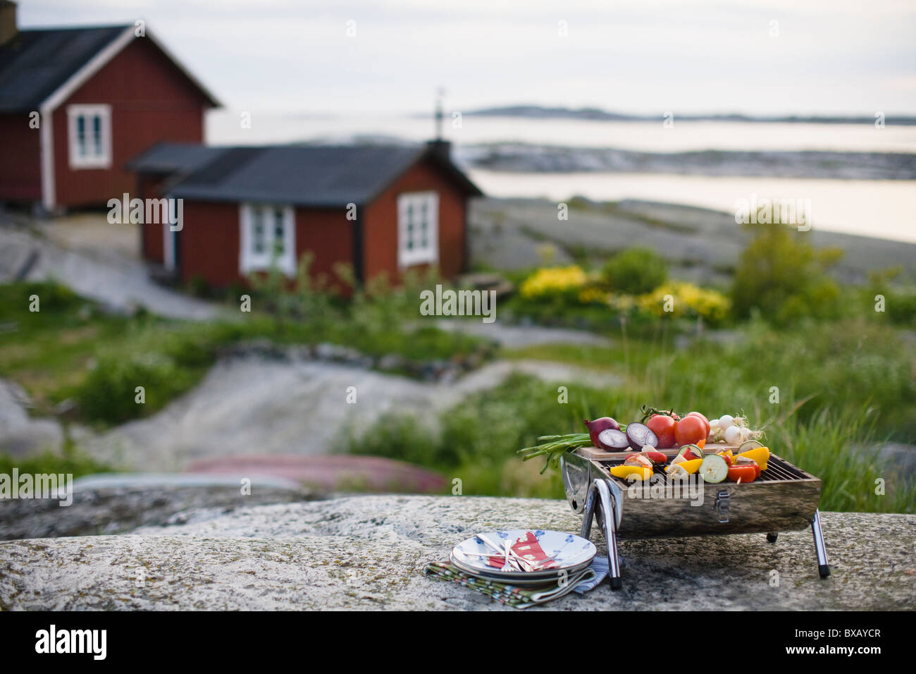 Un barbecue con verdure su roccia con case in background Foto Stock