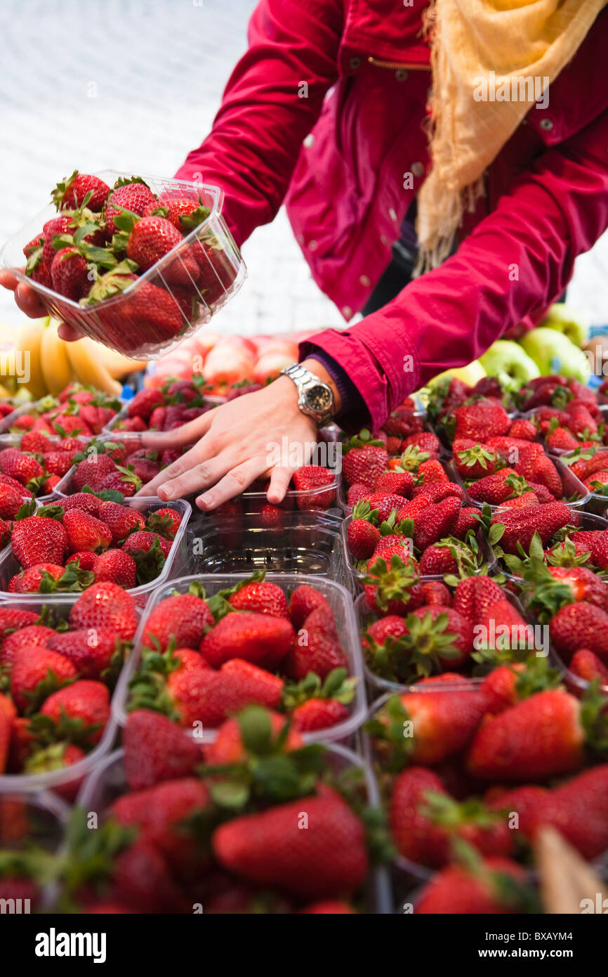 Close-up sezione intermedia della donna scegliendo le fragole al mercato della frutta Foto Stock