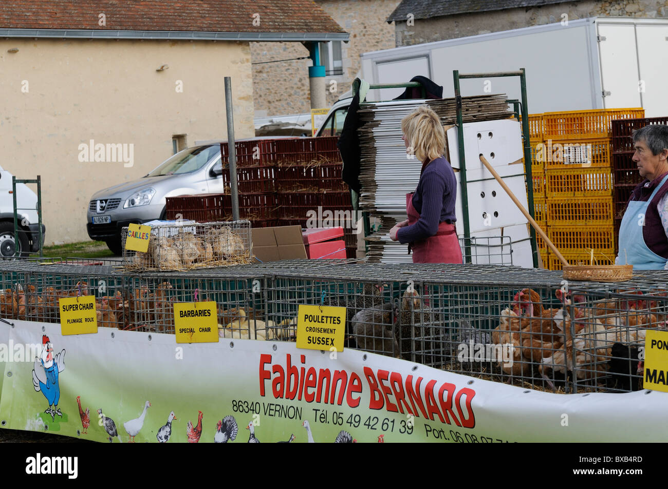 Foto di stock di pollame in vendita sulle bancarelle del mercato al Les Herolles mercato degli agricoltori nella regione Limousin Francia. Foto Stock