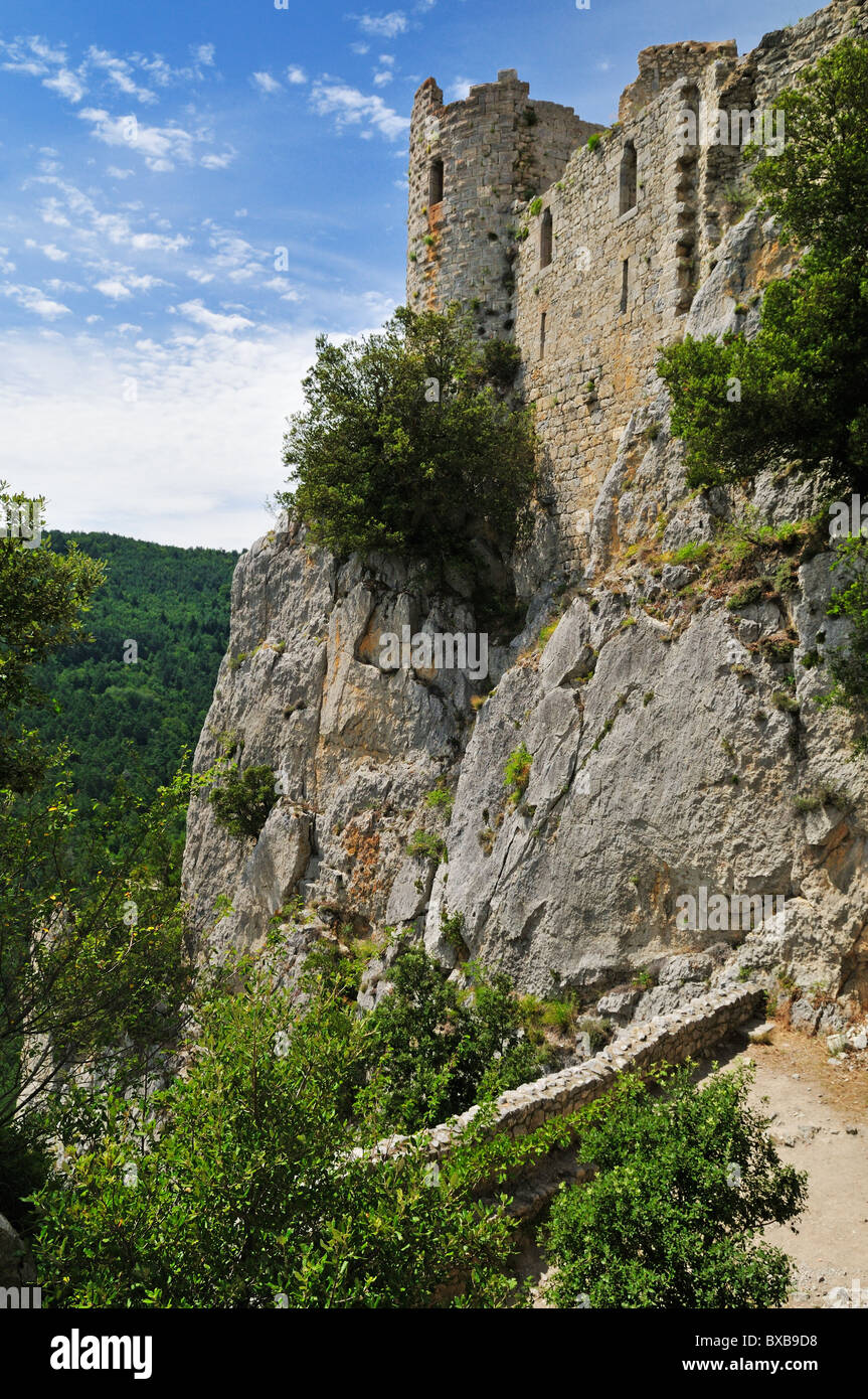 Il castello cataro Puilaurens a. Puilaurens, Aude, Languedoc-Roussillon, Francia. Foto Stock