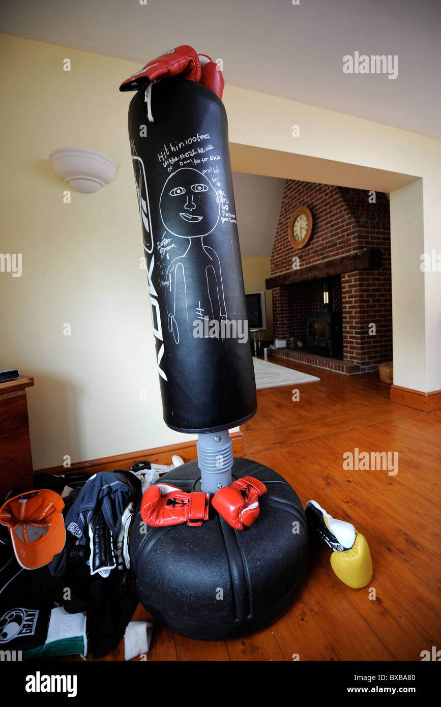 I guantoni e punch bag in casa del campione di boxe Joe Calzaghe vicino a Blackwood South Wales 2008 Foto Stock