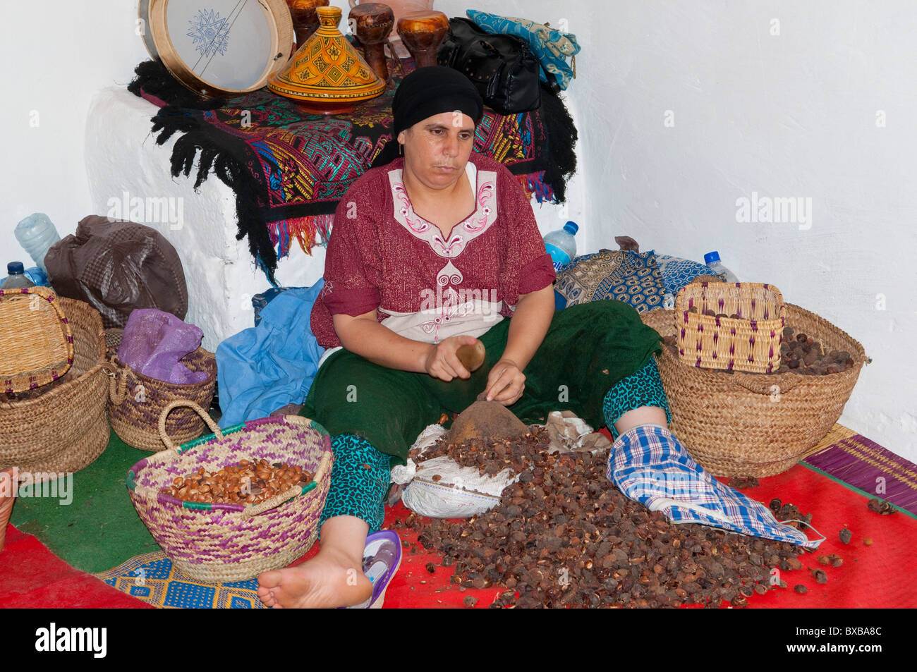 Donne berbere lavorando in una cooperativa di Marjana la produzione di olio di Argan in un villaggio vicino a Essaouira, Marocco. Foto Stock