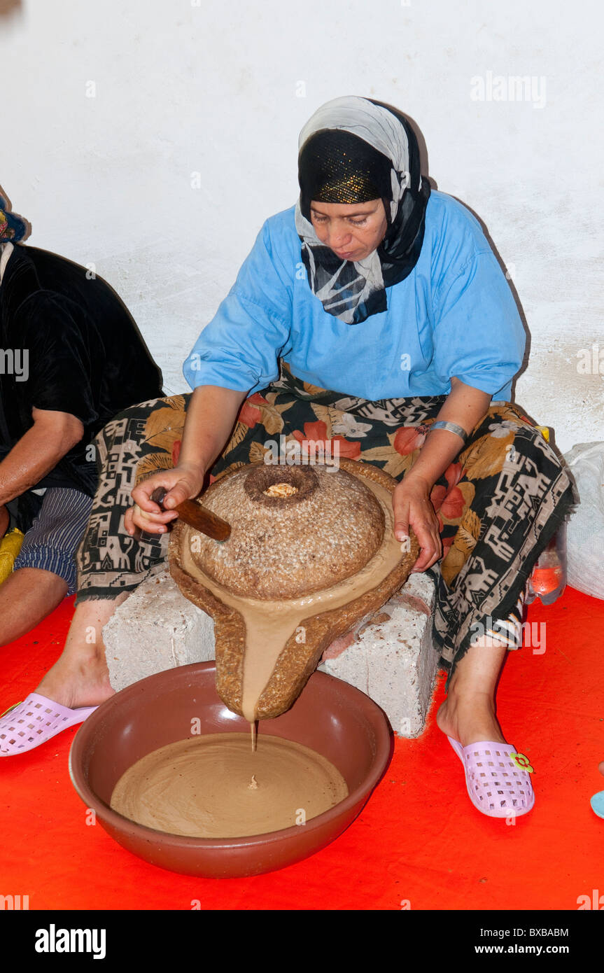 Donne berbere lavorando in una cooperativa di Marjana la produzione di olio di Argan in un villaggio vicino a Essaouira, Marocco. Foto Stock