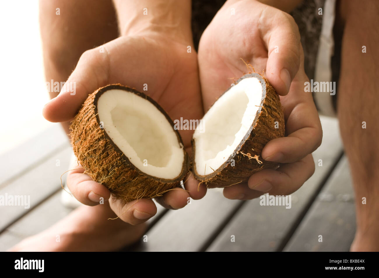Noce di cocco in mani Foto Stock