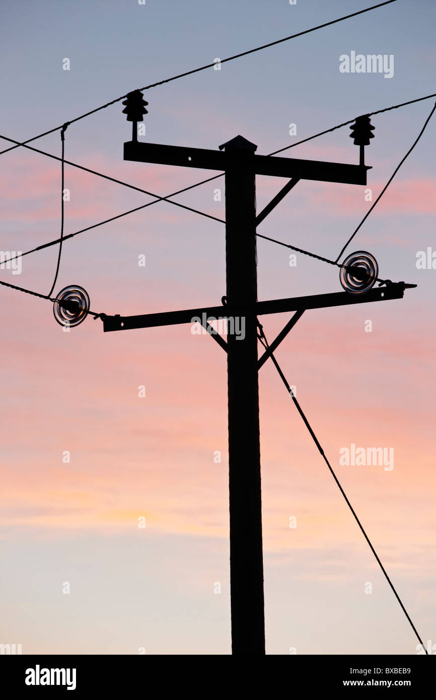 Le linee elettriche e pole stagliano contro un cielo di sunrise, Irlanda del Nord, Regno Unito Foto Stock