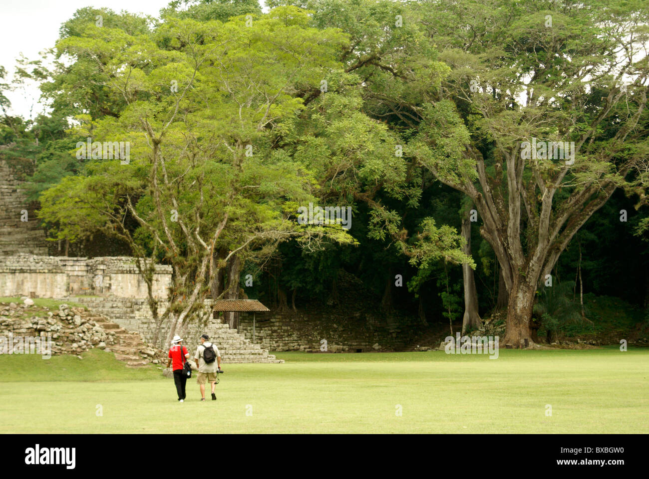 I turisti ad esplorare le rovine maya di Copan, Honduras. Copan è un sito Patrimonio Mondiale dell'UNESCO. Foto Stock