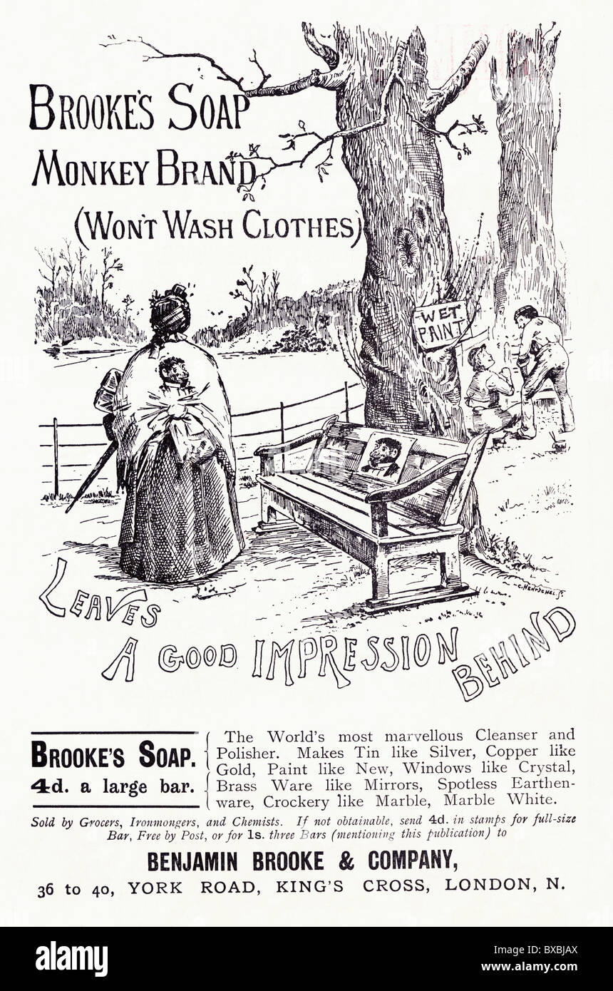 Annuncio vittoriano circa 1889 per Brooke Soap Monkey Brand Foto Stock