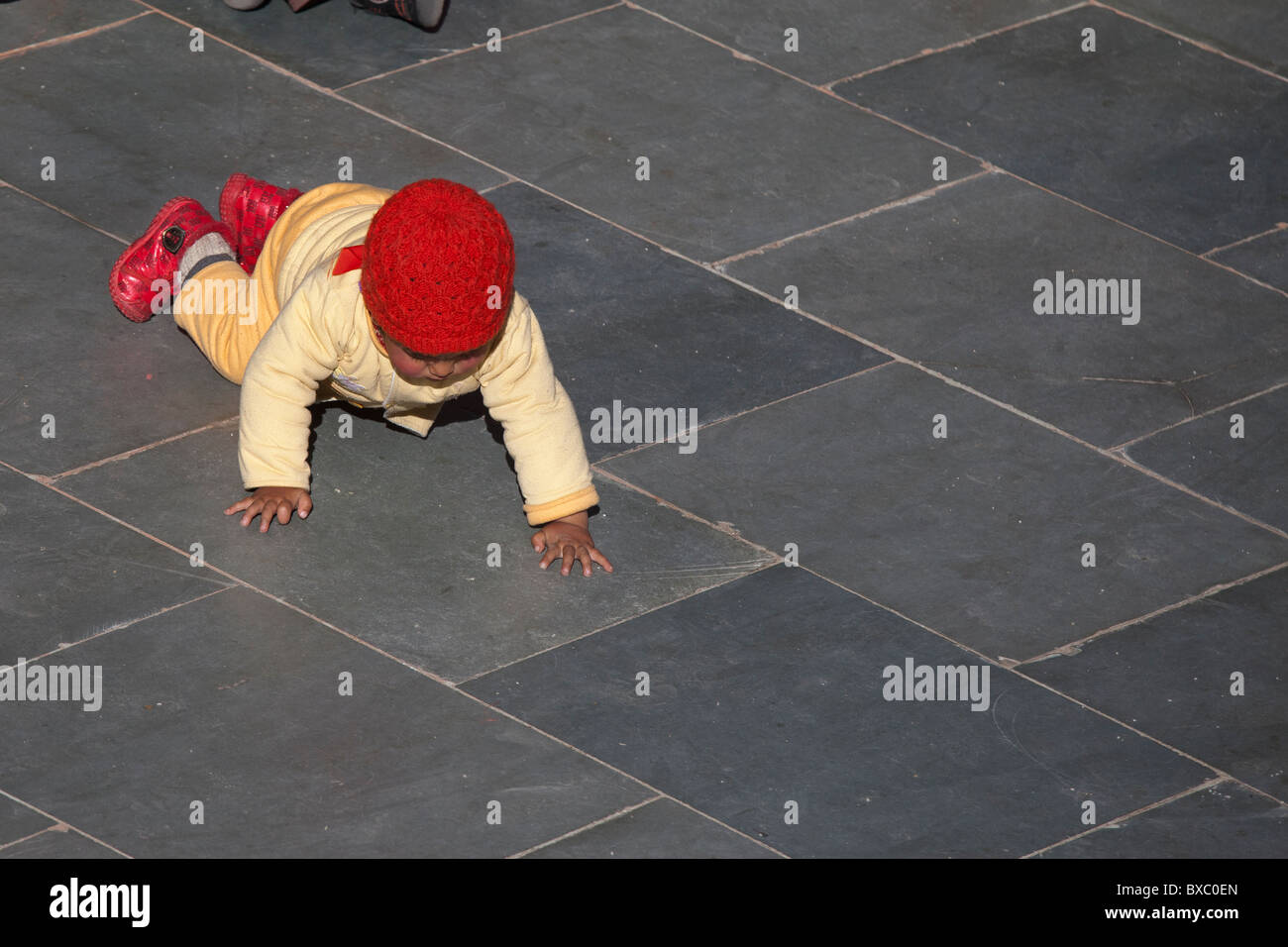 Un bambino gattona attraverso il cortile del monastero di Thiksey in Ladakh. Foto Stock