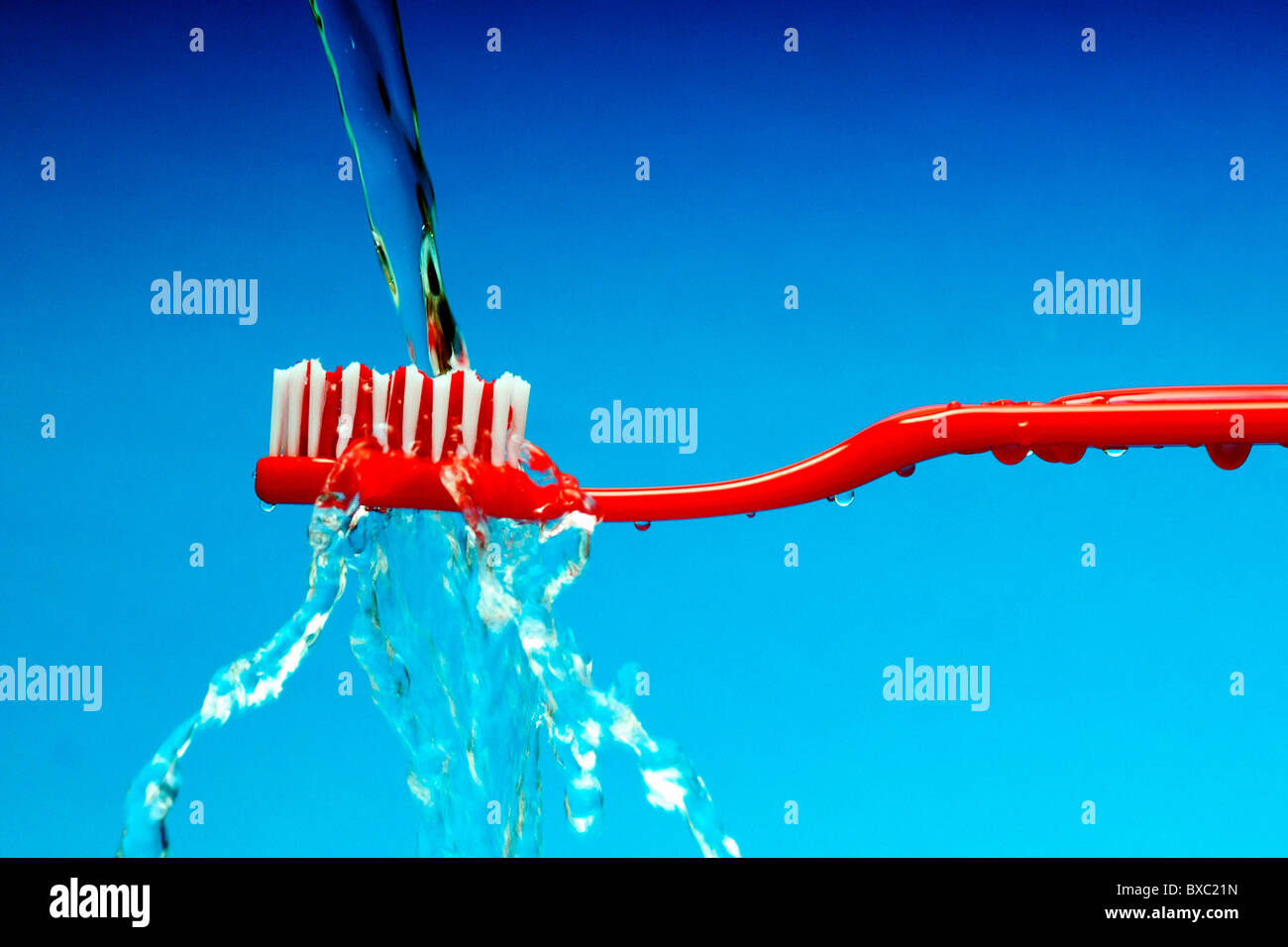 Spazzolino da denti con acqua che cade su di esso Foto Stock