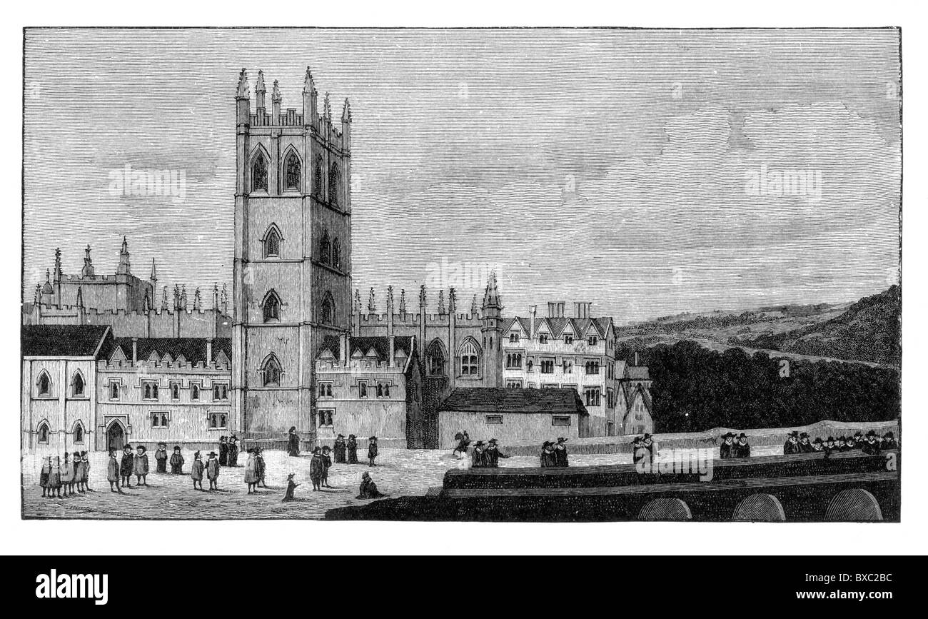 Il Magdalen College di Oxford nel XVII secolo; in bianco e nero illustrazione; Foto Stock