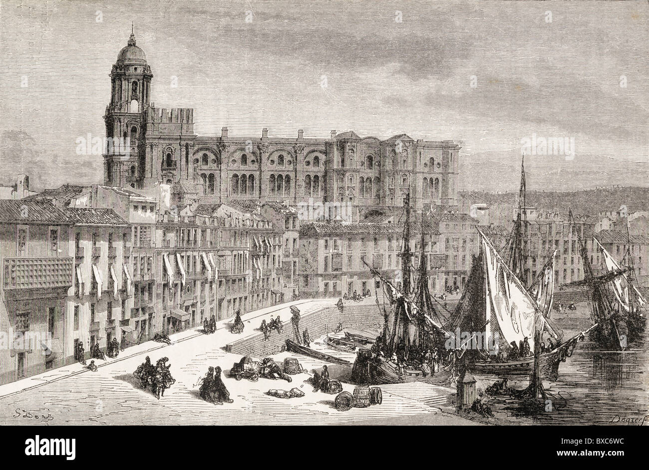 Vista del porto di Malaga e Cattedrale, Spagna, durante il XIX secolo. Foto Stock