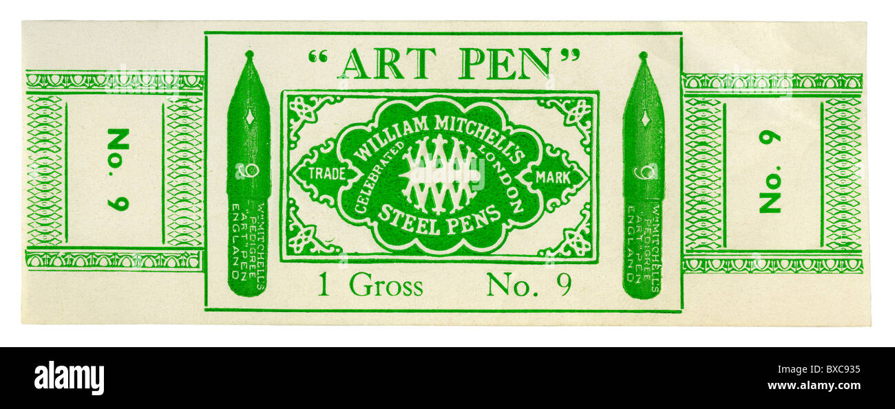 Vecchia casella etichetta per un acciaio lordo pennini - il numero 9 "Arte penna' fabbricato da William Mitchell di Londra, c.1900 Foto Stock