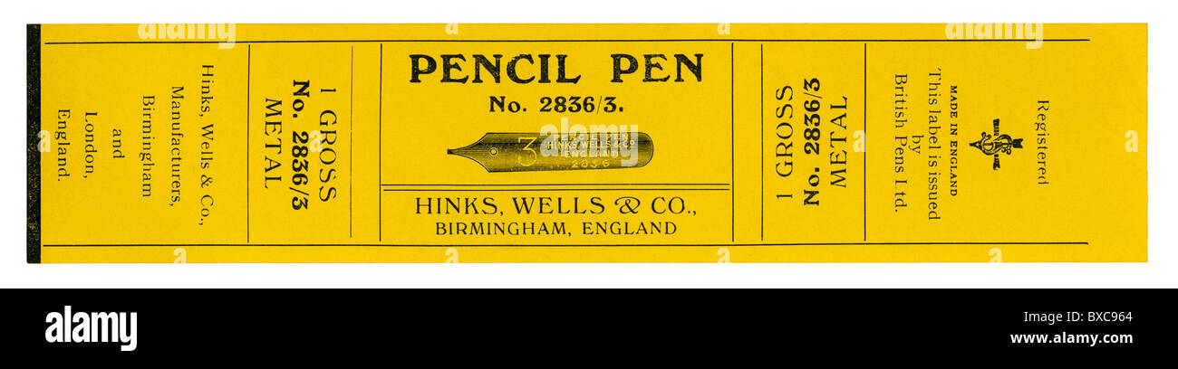 Vecchia casella etichetta per un acciaio lordo pennini - il "Matita penna' fabbricato da Hinks, Wells & Co di Birmingham, c.1900 Foto Stock