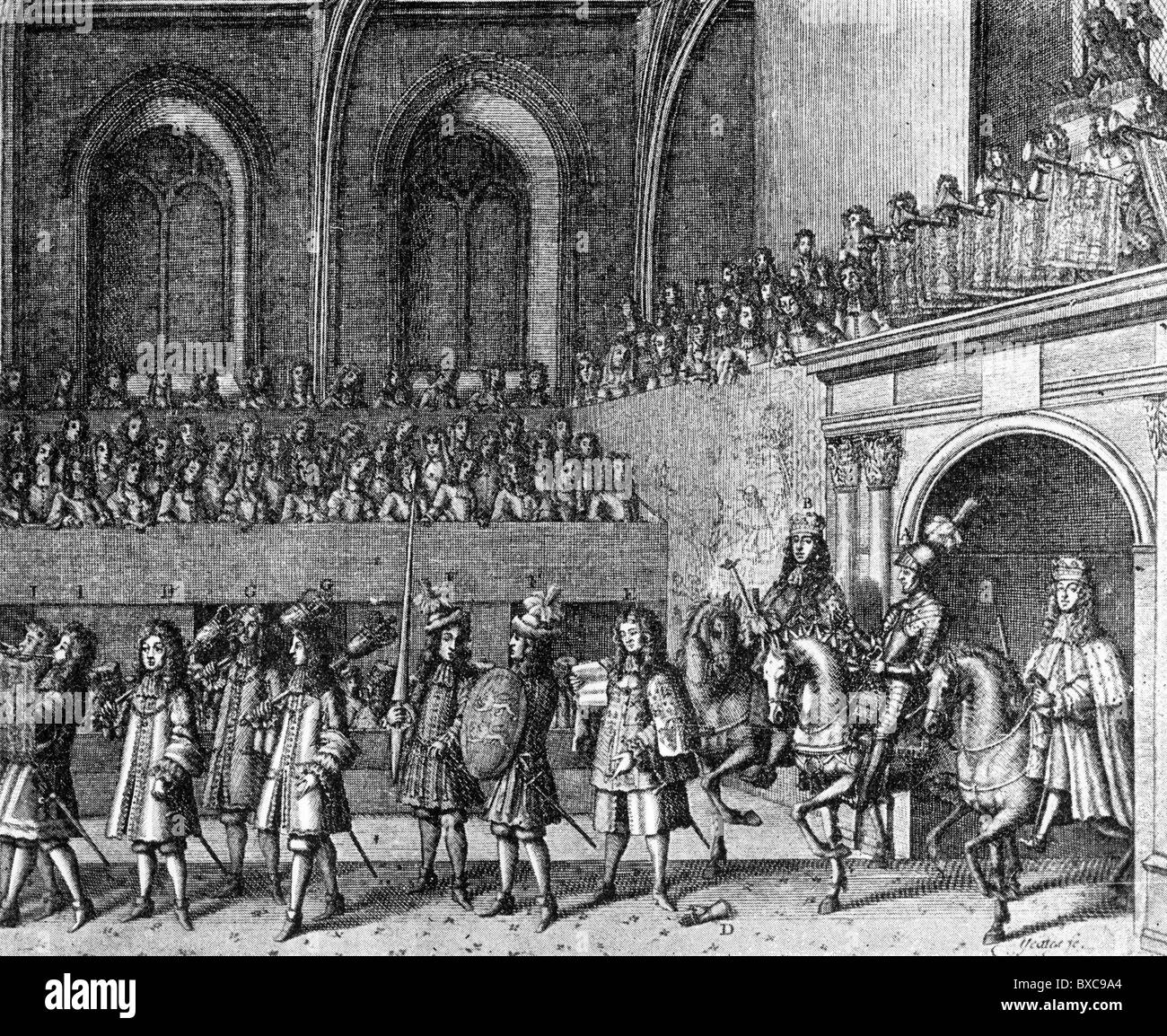 La sfida all'incoronazione del re Giacomo II d'Inghilterra, 1685; Bianco e Nero illustrazione; Foto Stock