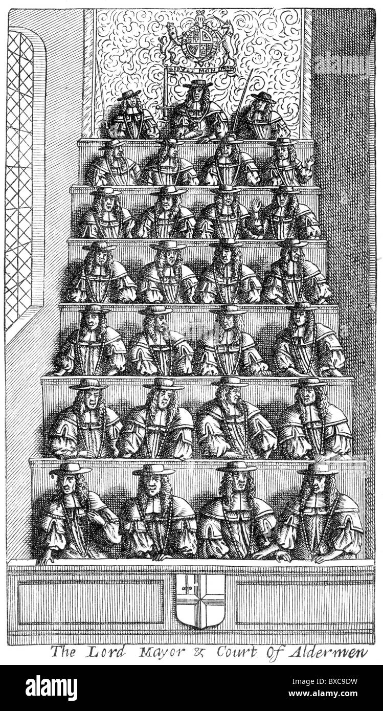 Il sindaco e la Corte di Assessori; Frontespizio De Laune, 'presente stato di Londra' 1681; Bianco e Nero illustrazione; Foto Stock