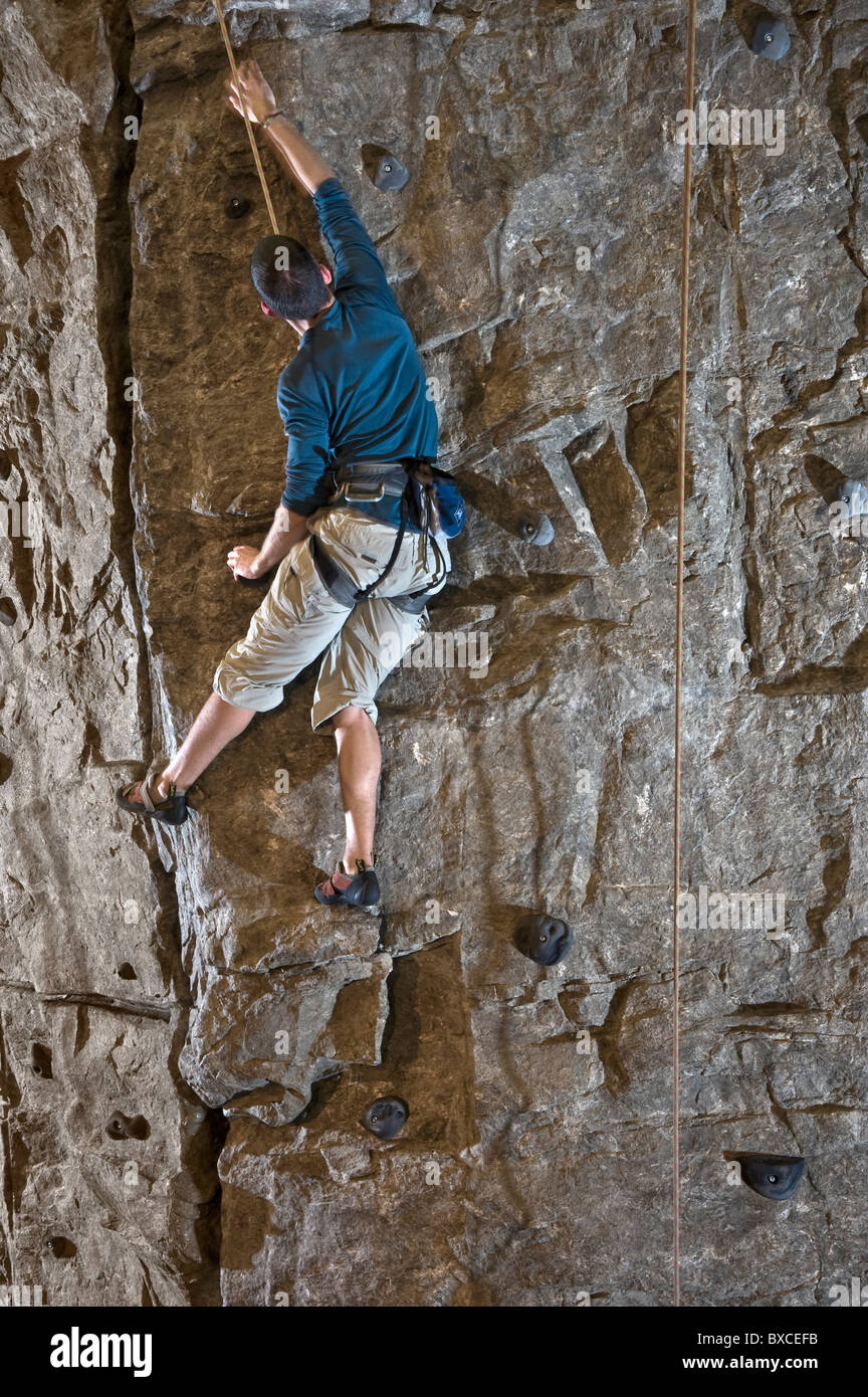 Scalatore di arrampicata indoor parete di roccia Foto Stock