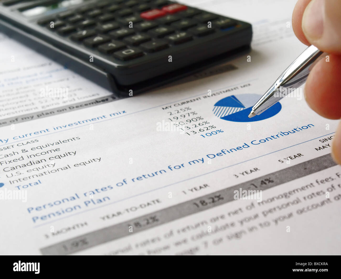 Mano maschio con la penna sul grafico di investimento con la calcolatrice Foto Stock