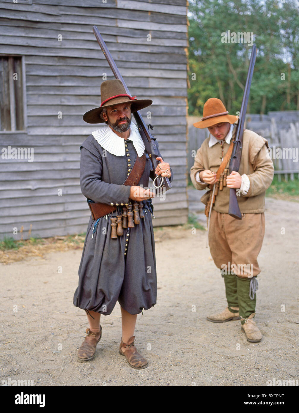 Pellegrini con moschetti, Plimoth Patuxet Museums, Plymouth, Massachusetts, Stati Uniti d'America Foto Stock