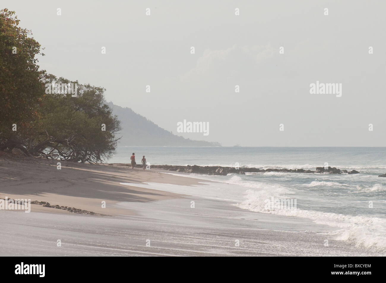 2 figure lontani passeggiare sulla spiaggia sabbiosa con alberi di alto fusto e su un giorno nuvoloso Foto Stock