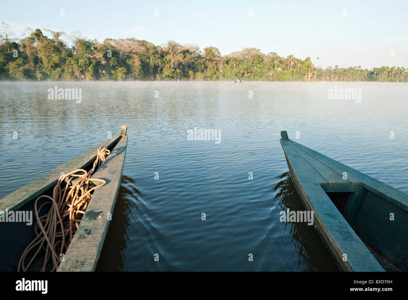 Una canoa in legno realizzato in struttura Eucylptus galleggia nel fiume del Amazon e il collegamento di fiumi del tributario nella foresta pluviale. Foto Stock