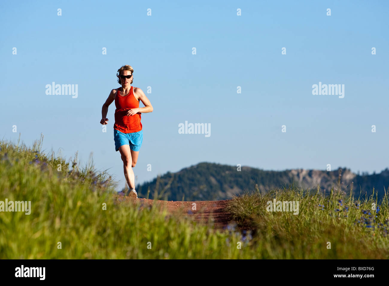 Una donna trail running sul crest trail. Grandi pioppi neri americani Canyon dello Utah Foto Stock